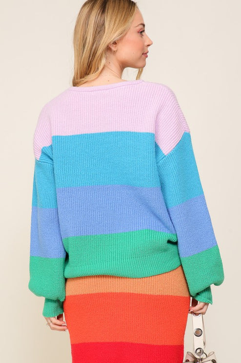 Chic Bold Rainbow Stripe Oversized Chunky Knit Pullover