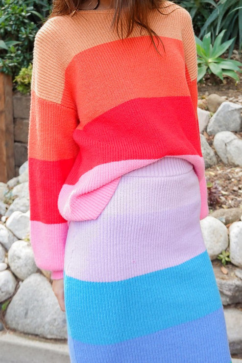 Chic Bold Rainbow Stripe Oversized Chunky Knit Pullover