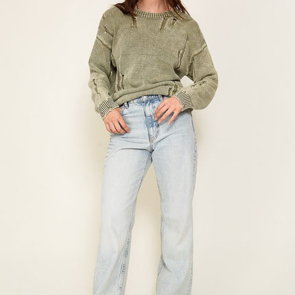 Casual Stylish Mineral Wash Distressed Long Sleeve Fashion Top Sweater