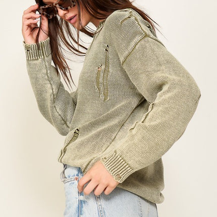 Casual Stylish Mineral Wash Distressed Long Sleeve Fashion Top Sweater