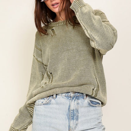 Casual Stylish Mineral Wash Distressed Long Sleeve Fashion Top Sweater