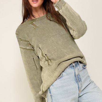 Casual Stylish Mineral Wash Distressed Long Sleeve Fashion Top Sweater