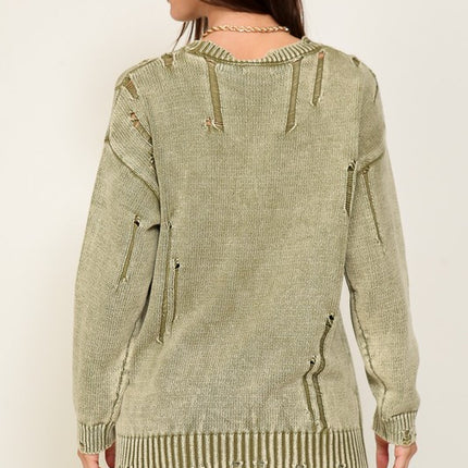 Casual Stylish Mineral Wash Distressed Long Sleeve Fashion Top Sweater