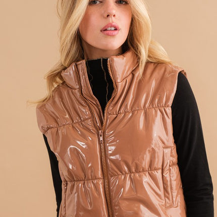 Stylish Shiny Glossy PU Quilted Puffer Fashion Zip Up Crop Fashion Vest - Accessoriesforever