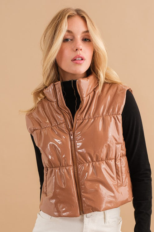 Stylish Shiny Glossy PU Quilted Puffer Fashion Zip Up Crop Fashion Vest - Accessoriesforever
