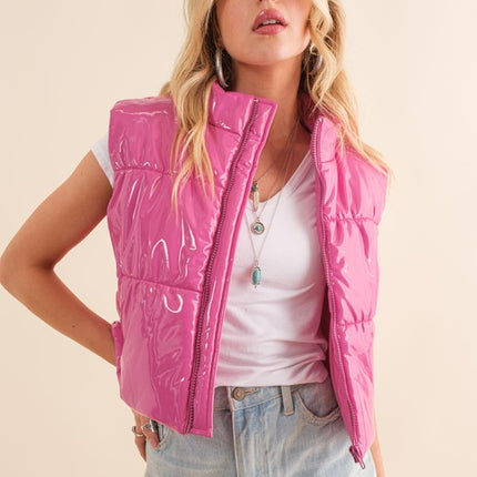 Stylish Shiny Glossy PU Quilted Puffer Fashion Zip Up Crop Fashion Vest - Accessoriesforever