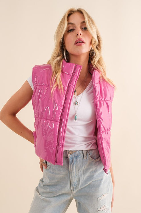 Stylish Shiny Glossy PU Quilted Puffer Fashion Zip Up Crop Fashion Vest - Accessoriesforever