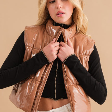 Stylish Shiny Glossy PU Quilted Puffer Fashion Zip Up Crop Fashion Vest - Accessoriesforever