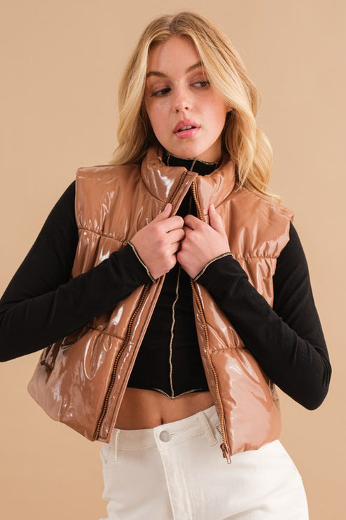 Stylish Shiny Glossy PU Quilted Puffer Fashion Zip Up Crop Fashion Vest - Accessoriesforever