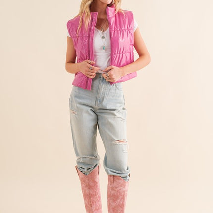 Stylish Shiny Glossy PU Quilted Puffer Fashion Zip Up Crop Fashion Vest - Accessoriesforever