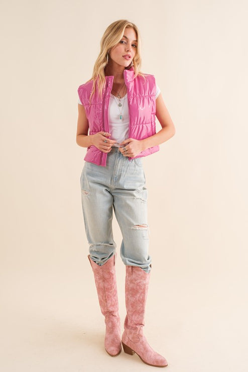 Stylish Shiny Glossy PU Quilted Puffer Fashion Zip Up Crop Fashion Vest - Accessoriesforever