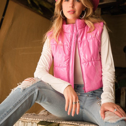 Stylish Shiny Glossy PU Quilted Puffer Fashion Zip Up Crop Fashion Vest - Accessoriesforever