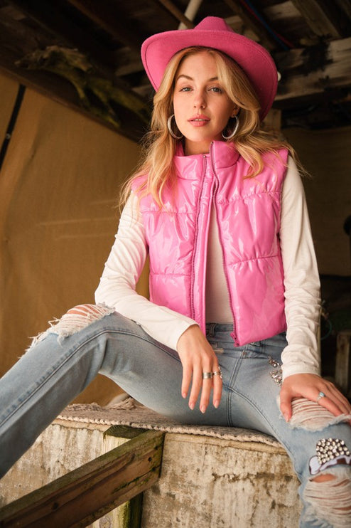 Stylish Shiny Glossy PU Quilted Puffer Fashion Zip Up Crop Fashion Vest - Accessoriesforever