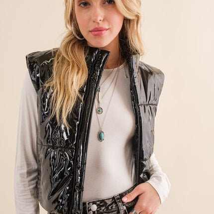 Stylish Shiny Glossy PU Quilted Puffer Fashion Zip Up Crop Fashion Vest - Accessoriesforever