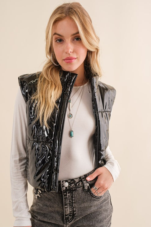 Stylish Shiny Glossy PU Quilted Puffer Fashion Zip Up Crop Fashion Vest - Accessoriesforever