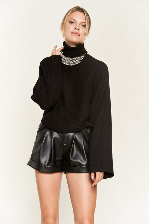 Ribbed Mock Neck Sweater with Wide Sleeves