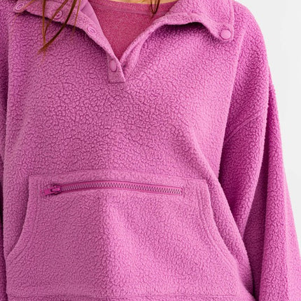 Casual Boxy Fleece Pocket Detail Pullover Cropped Sweater
