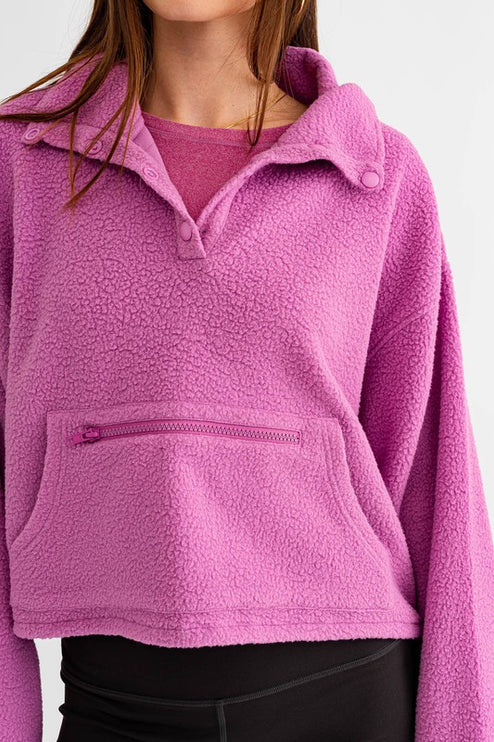 Casual Boxy Fleece Pocket Detail Pullover Cropped Sweater