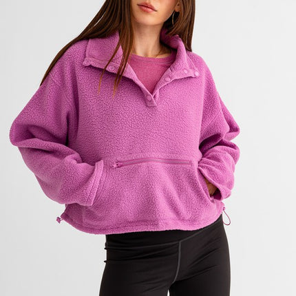 Casual Boxy Fleece Pocket Detail Pullover Cropped Sweater