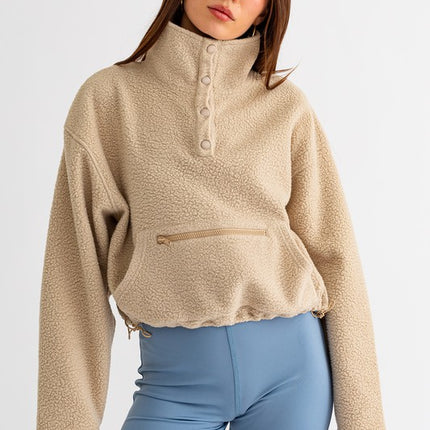 Casual Boxy Fleece Pocket Detail Pullover Cropped Sweater