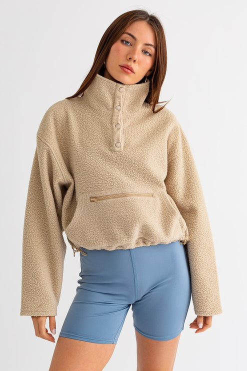 Casual Boxy Fleece Pocket Detail Pullover Cropped Sweater