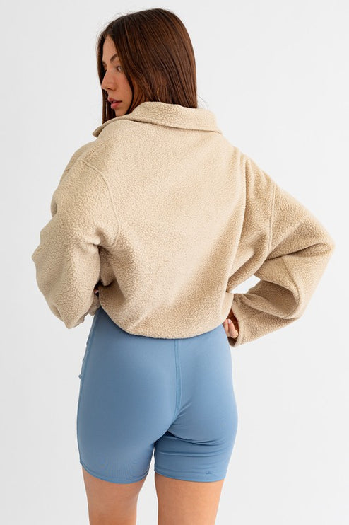 Casual Boxy Fleece Pocket Detail Pullover Cropped Sweater