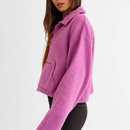 Casual Boxy Fleece Pocket Detail Pullover Cropped Sweater