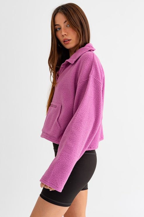 Casual Boxy Fleece Pocket Detail Pullover Cropped Sweater