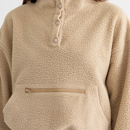 Casual Boxy Fleece Pocket Detail Pullover Cropped Sweater