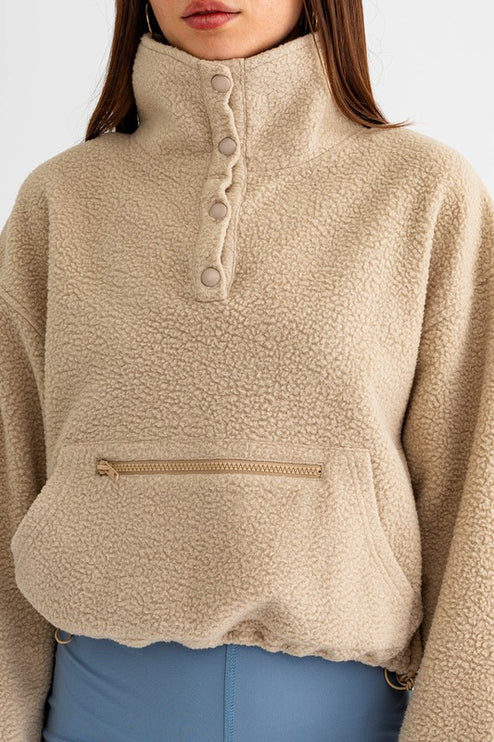 Casual Boxy Fleece Pocket Detail Pullover Cropped Sweater