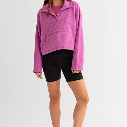 Casual Boxy Fleece Pocket Detail Pullover Cropped Sweater