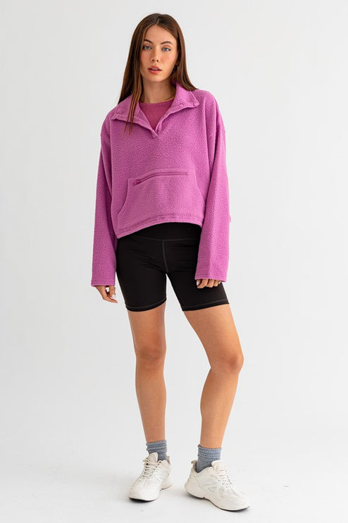 Casual Boxy Fleece Pocket Detail Pullover Cropped Sweater