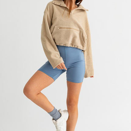Casual Boxy Fleece Pocket Detail Pullover Cropped Sweater