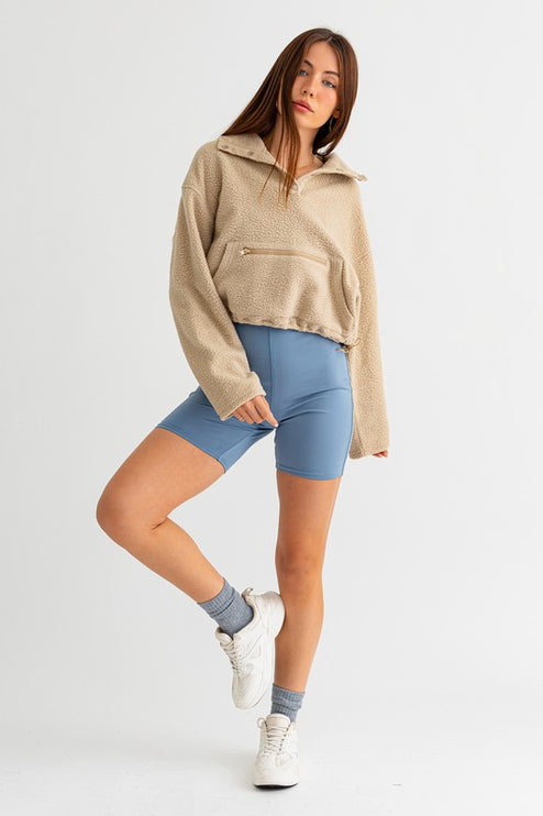 Casual Boxy Fleece Pocket Detail Pullover Cropped Sweater