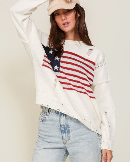 Distressed USA Flag Print Design Long Sleeve Fashion Top Sweater