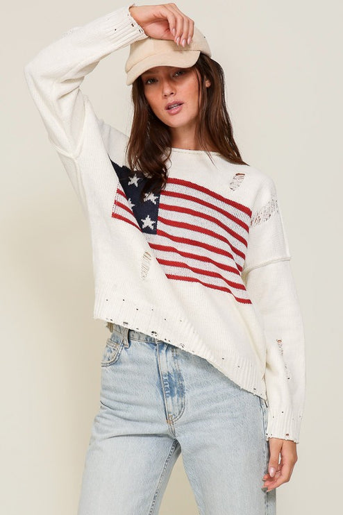 Distressed USA Flag Print Design Long Sleeve Fashion Top Sweater