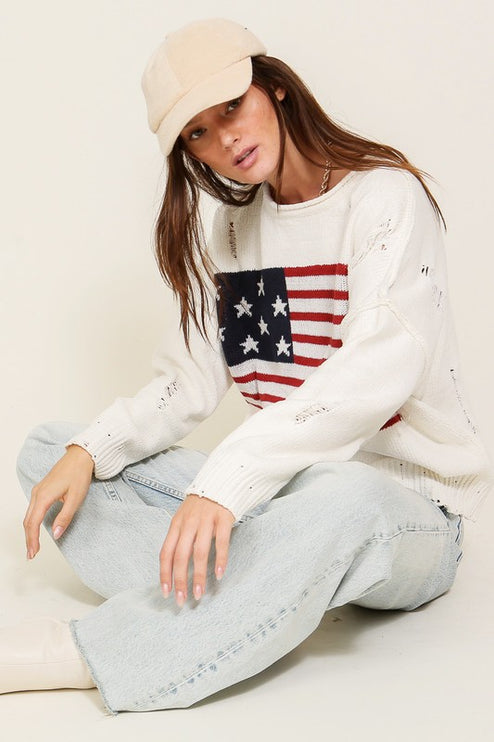 Distressed USA Flag Print Design Long Sleeve Fashion Top Sweater