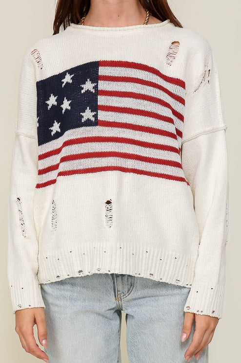 Distressed USA Flag Print Design Long Sleeve Fashion Top Sweater