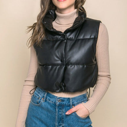 Chic Stylish Fashion PU Faux Leather Cropped Puffer Vest