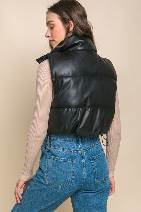 Chic Stylish Fashion PU Faux Leather Cropped Puffer Vest