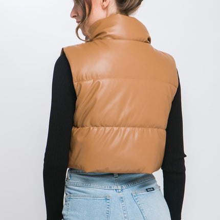 Chic Stylish Fashion PU Faux Leather Cropped Puffer Vest