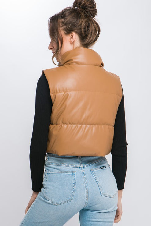 Chic Stylish Fashion PU Faux Leather Cropped Puffer Vest