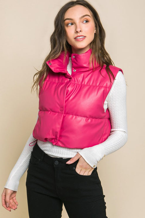 Chic Stylish Fashion PU Faux Leather Cropped Puffer Vest