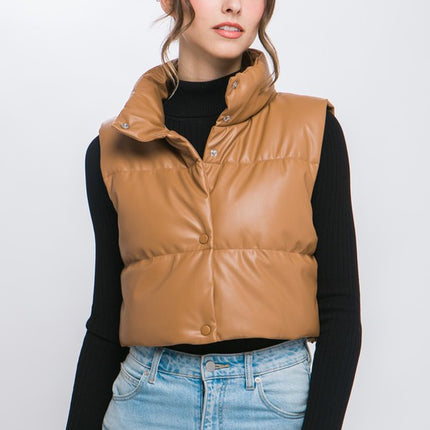 Chic Stylish Fashion PU Faux Leather Cropped Puffer Vest