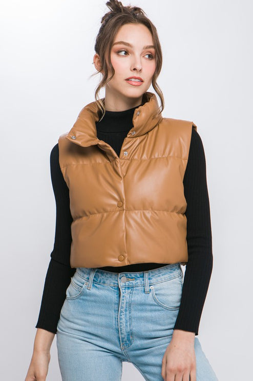 Chic Stylish Fashion PU Faux Leather Cropped Puffer Vest