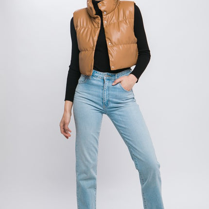 Chic Stylish Fashion PU Faux Leather Cropped Puffer Vest