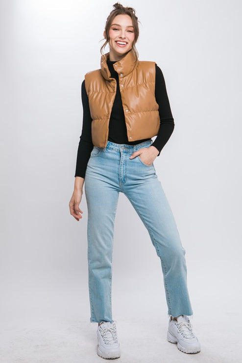 Chic Stylish Fashion PU Faux Leather Cropped Puffer Vest - Accessoriesforever