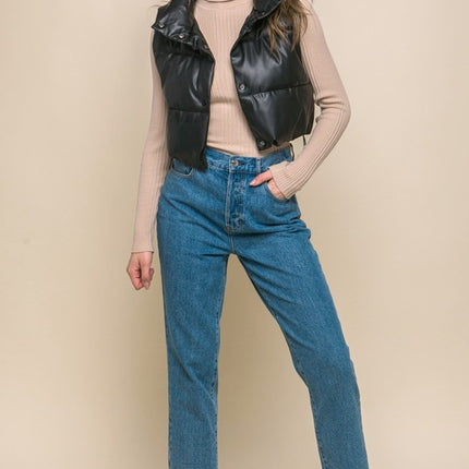Chic Stylish Fashion PU Faux Leather Cropped Puffer Vest