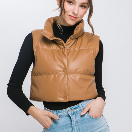 Chic Stylish Fashion PU Faux Leather Cropped Puffer Vest