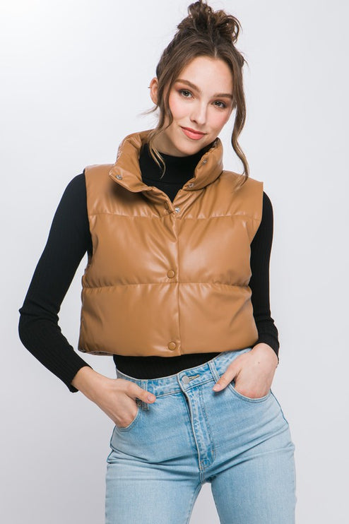 Chic Stylish Fashion PU Faux Leather Cropped Puffer Vest